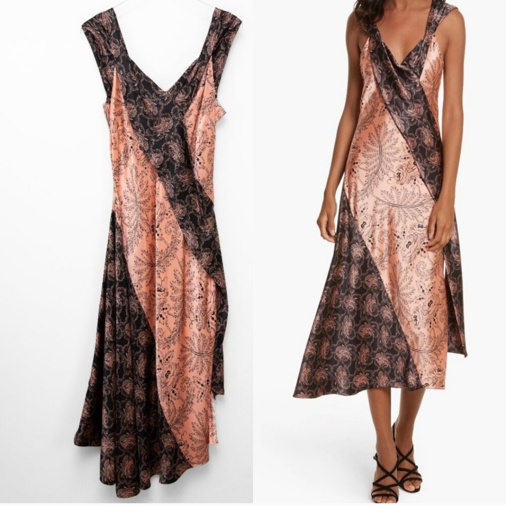 Diane Von Furstenberg Draped Mixed Floral Midi Dress Peach Black Size 12